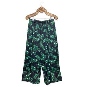 Anthropologie Elevenses Pants Floral Satin Wide Leg Trousers Green Navy Size 2